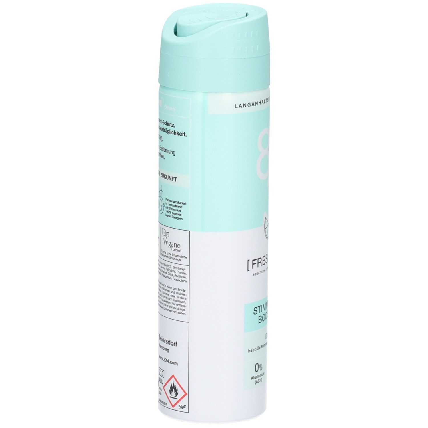 Rückseite der 8x4 Fresh Lime Deospray Dose mit Inhaltsstoffen und Anwendungshinweisen.
