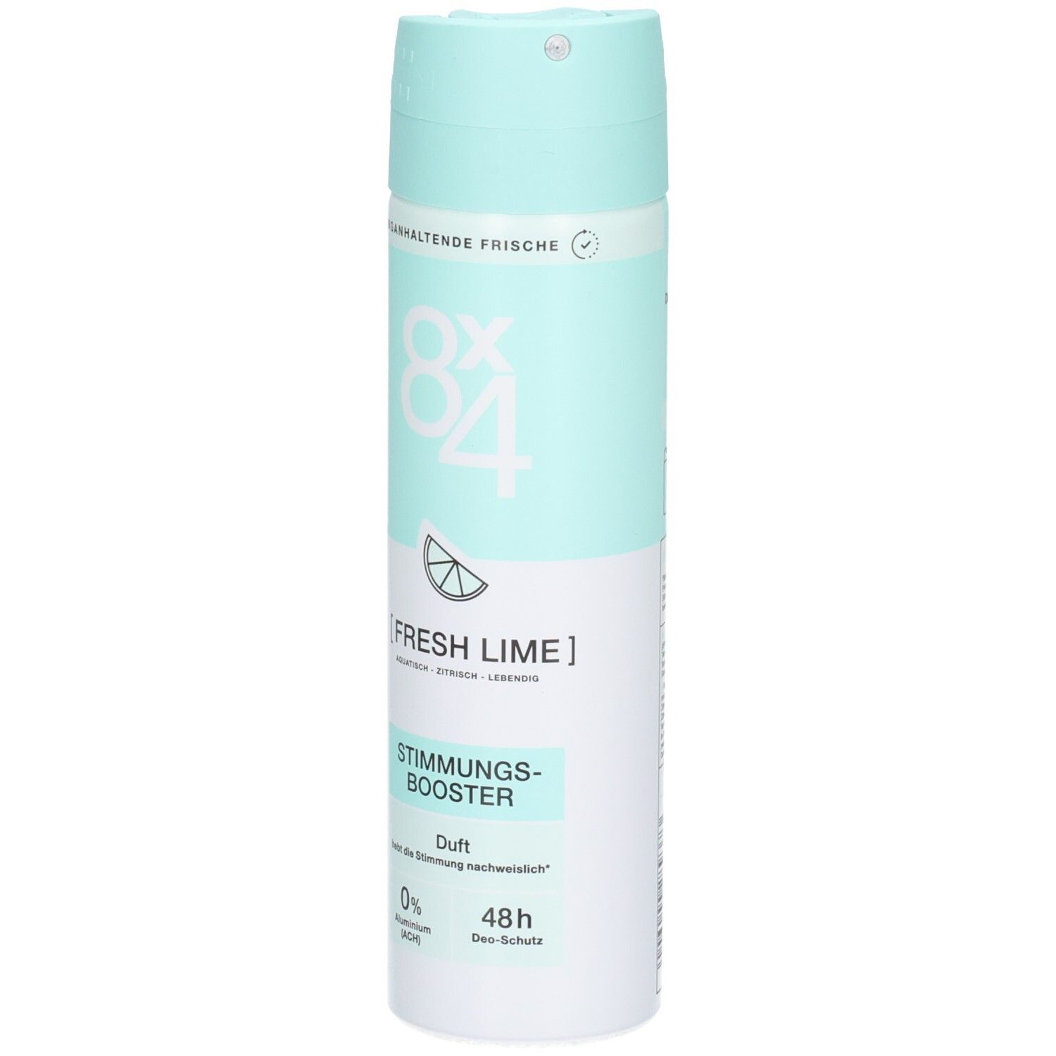 Vorderseite der 8x4 Fresh Lime Deospray Dose mit Zitrusduft und "Stimmungs-Booster" Aufschrift.