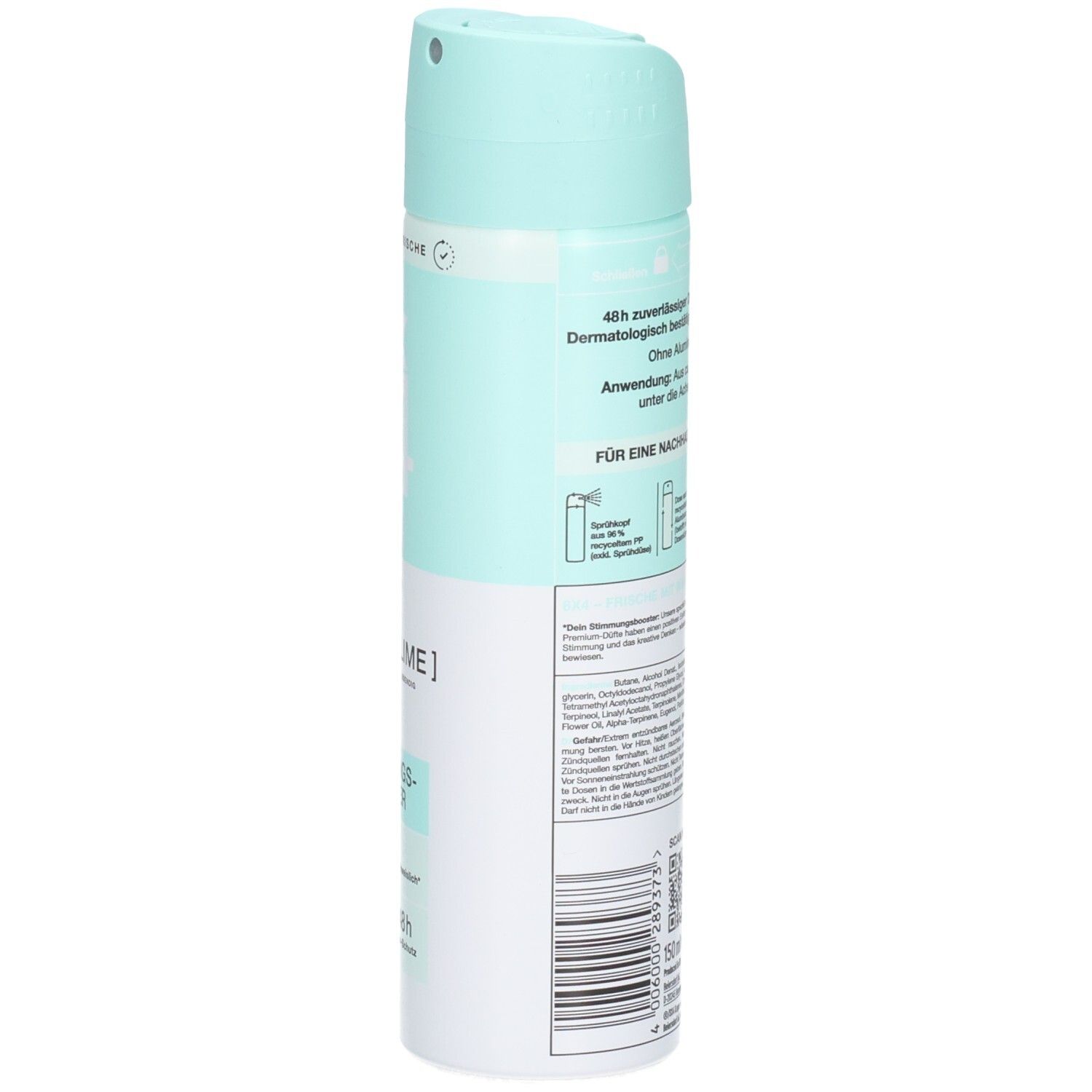 Seitenansicht der 8x4 Fresh Lime Deospray Dose mit Anwendungshinweisen und Siegeln.