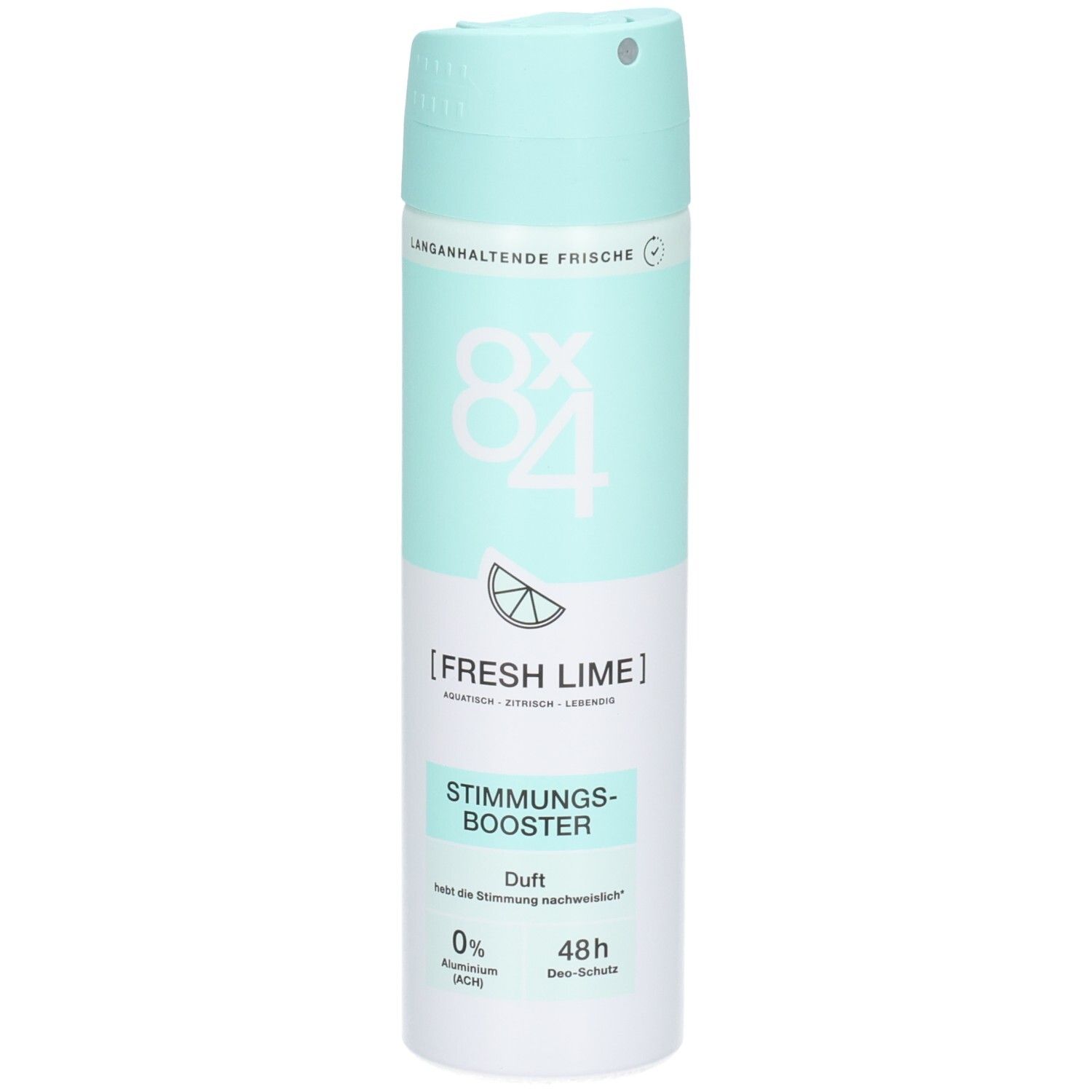 8x4 Fresh Lime Deospray Dose, 150ml, mit Zitrusduft und "Stimmungs-Booster" Aufschrift.