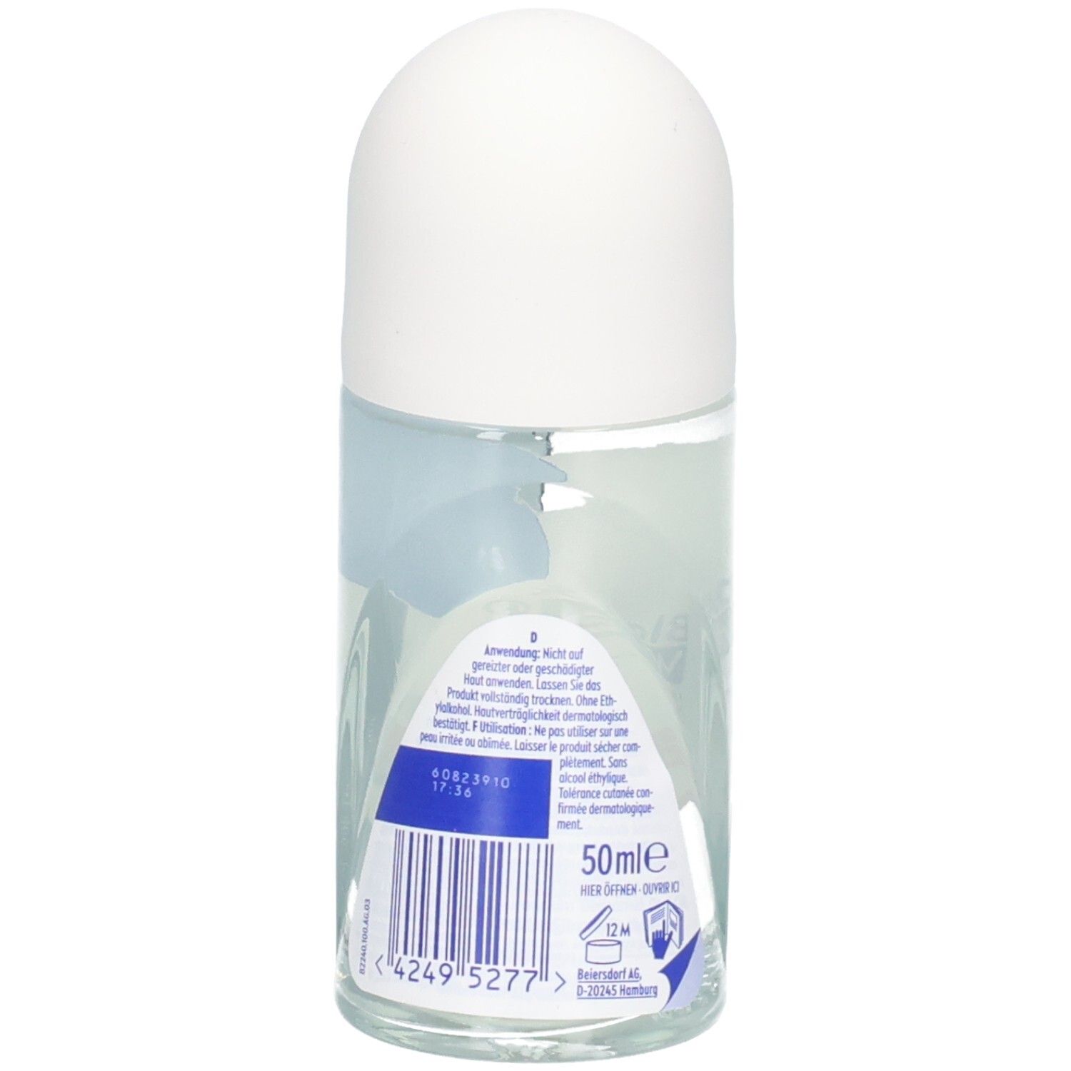 Rückseite NIVEA Black & White Invisible Clear Deo Roll-On, 50ml, mit Barcode und Anwendungshinweisen.