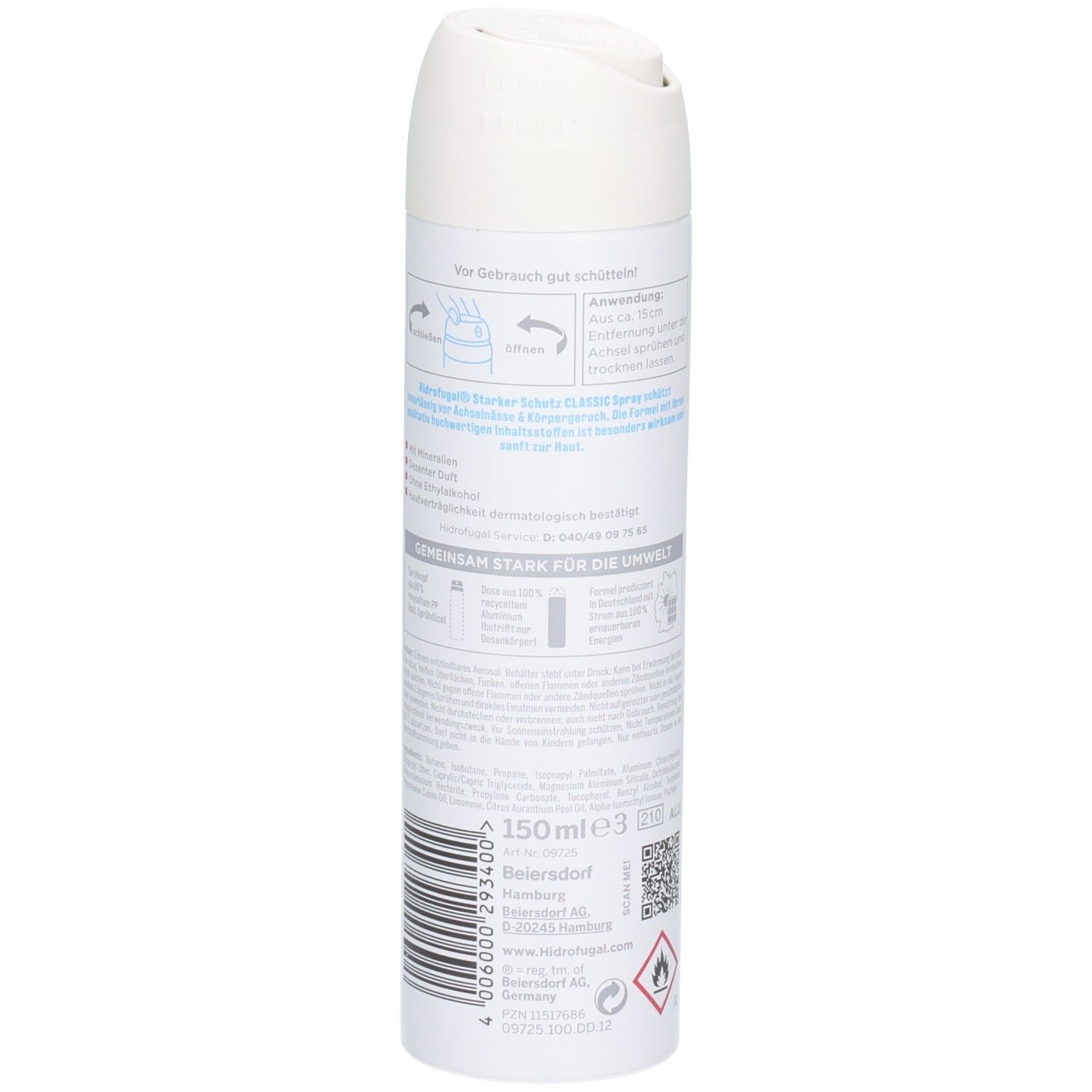 Rückseite der Hidrofugal Classic Spray Dose mit Anwendungshinweisen, Barcode und Umweltinformationen.