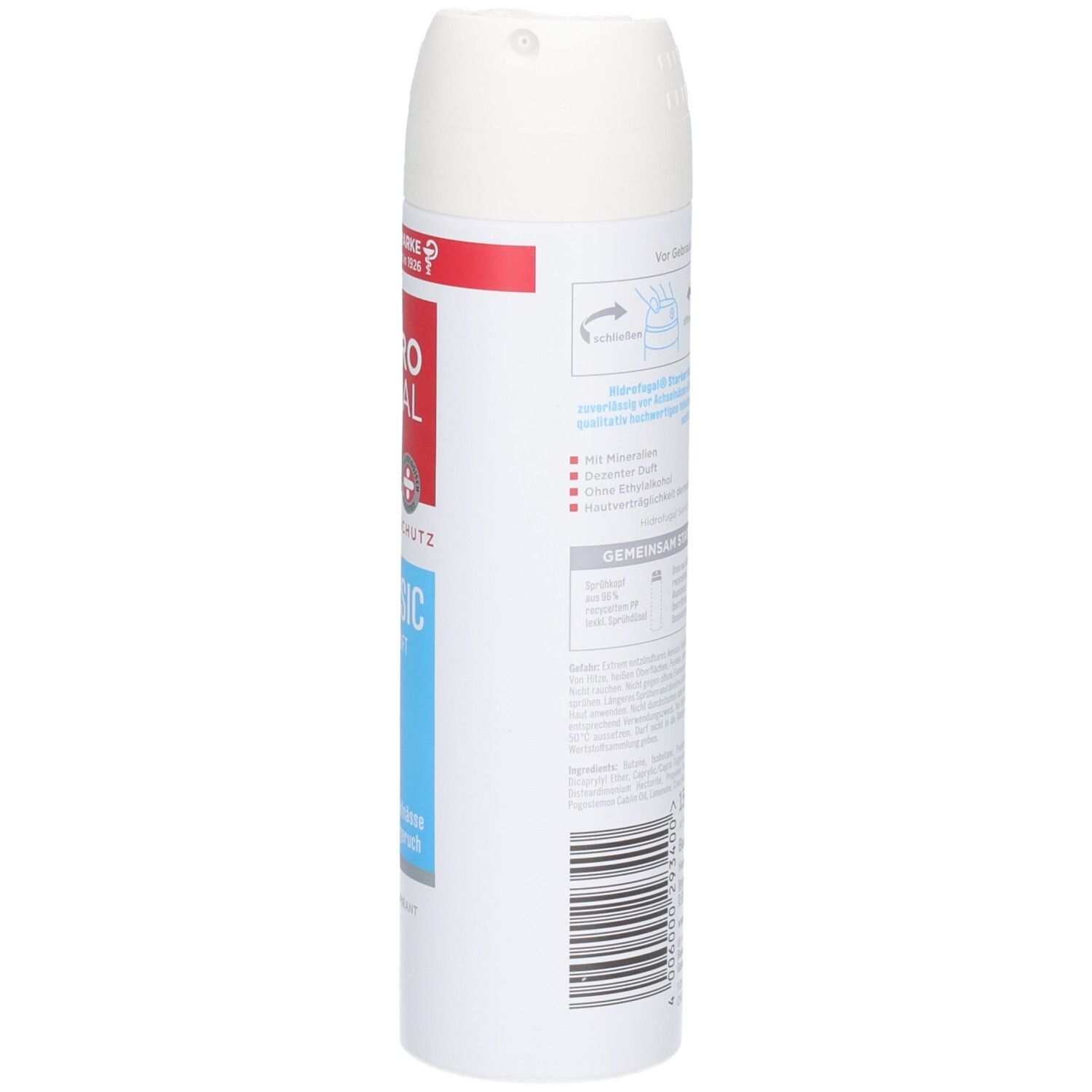 Seitenansicht der Hidrofugal Classic Spray Dose mit Anwendungshinweisen und Produktinformationen.