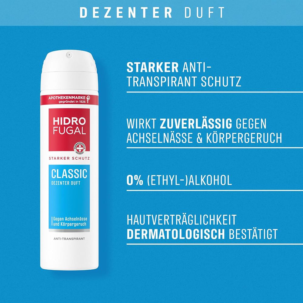 Hidrofugal Classic Spray: starke Anti-Transpirant-Schutz, dermatologisch bestätigt.