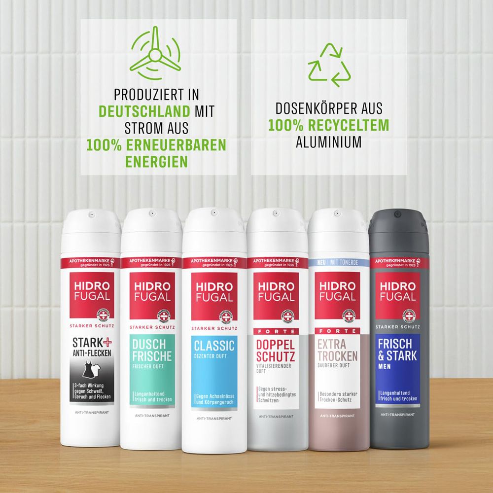 Sechs Hidrofugal Sprays, darunter Classic, Forte und Men.