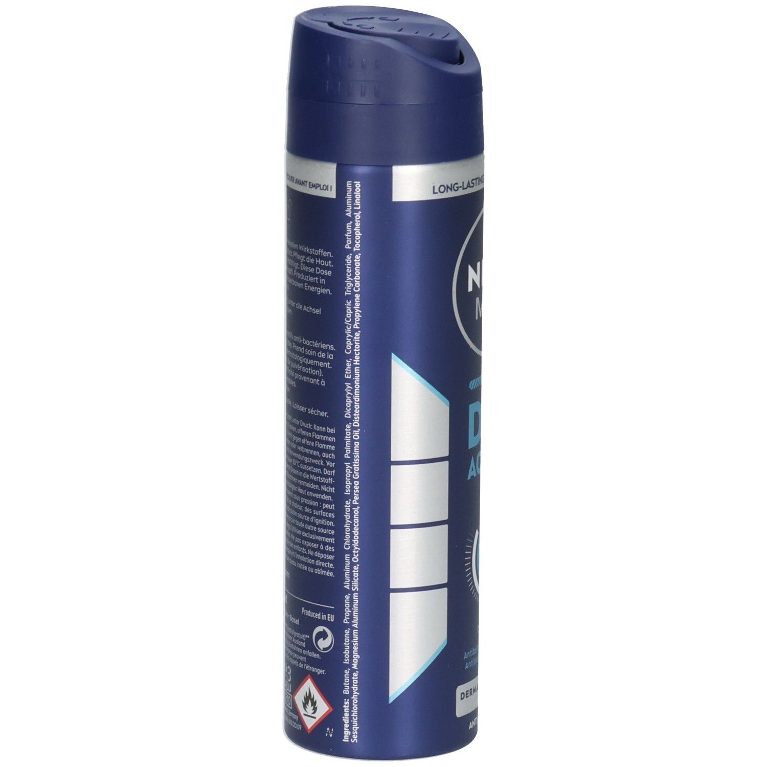 NIVEA MEN Dry Active Deo Spray: Rückseite mit Inhaltsstoffen und Anwendungshinweisen.