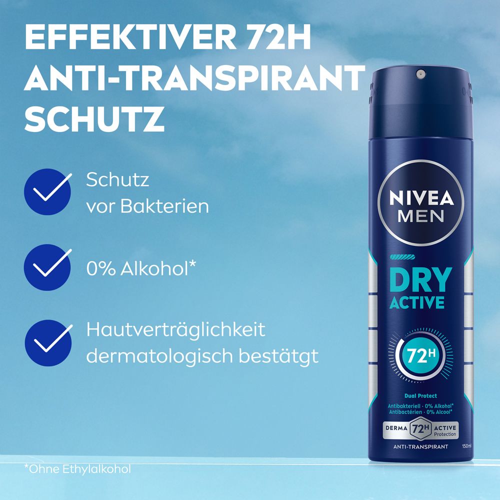 NIVEA MEN Dry Active Deo Spray: 72h Schutz, antibakteriell, 0% Alkohol, dermatologisch bestätigt.