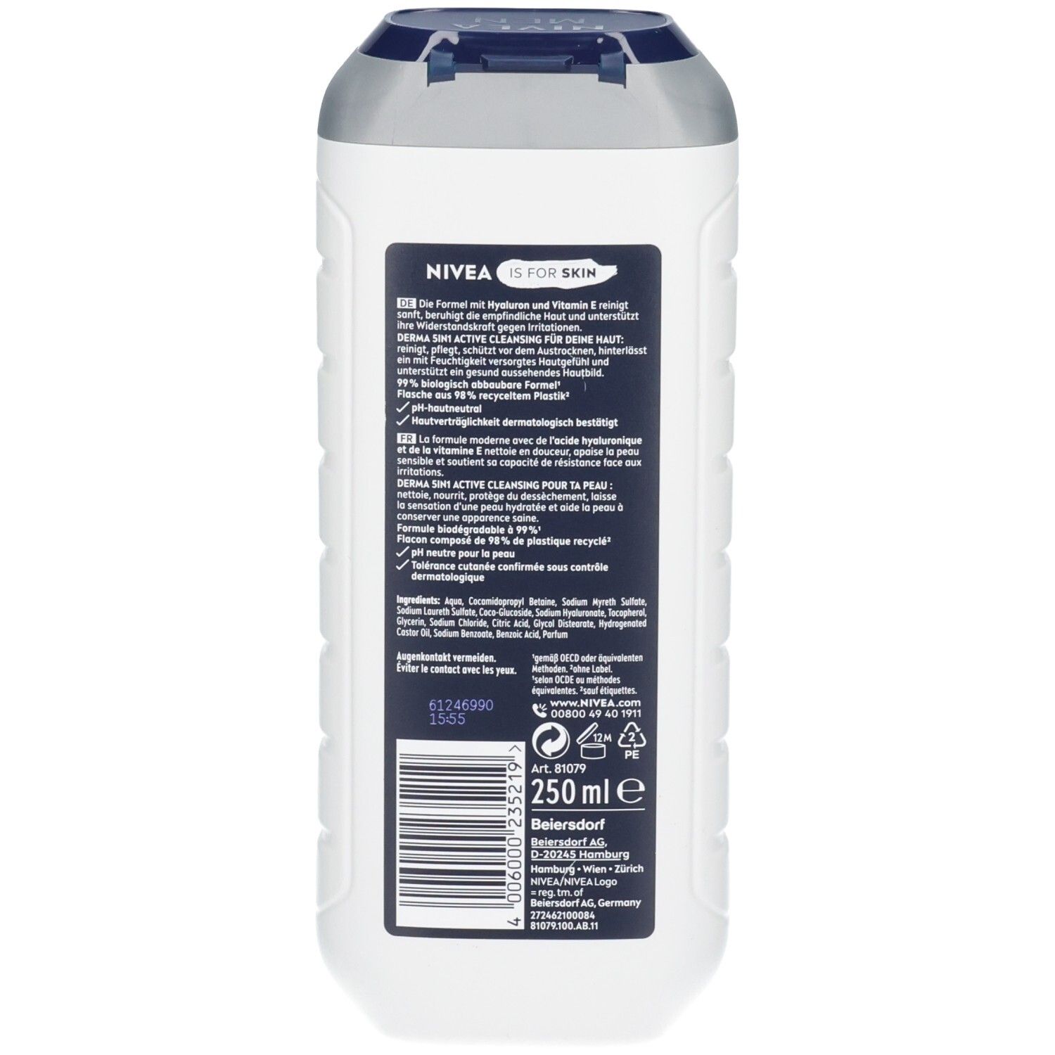 Nivea Duschgel mit Hyaluron und Vitamin E, 250 ml. Rückseite mit Inhaltsstoffen und Barcode.
