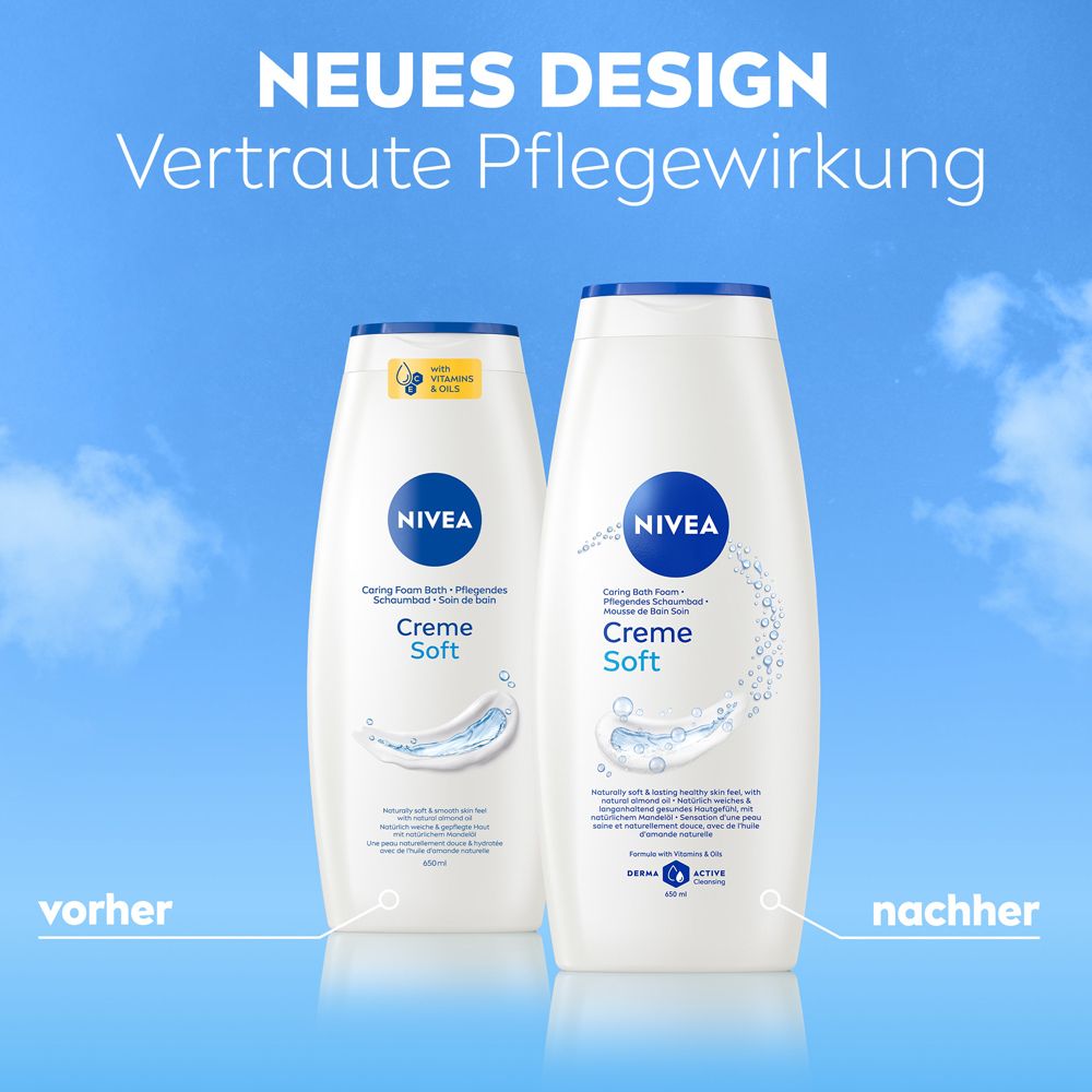 Zwei Nivea Creme Soft Duschgelflaschen, eine mit "vorher" und eine mit "nachher" beschriftet.