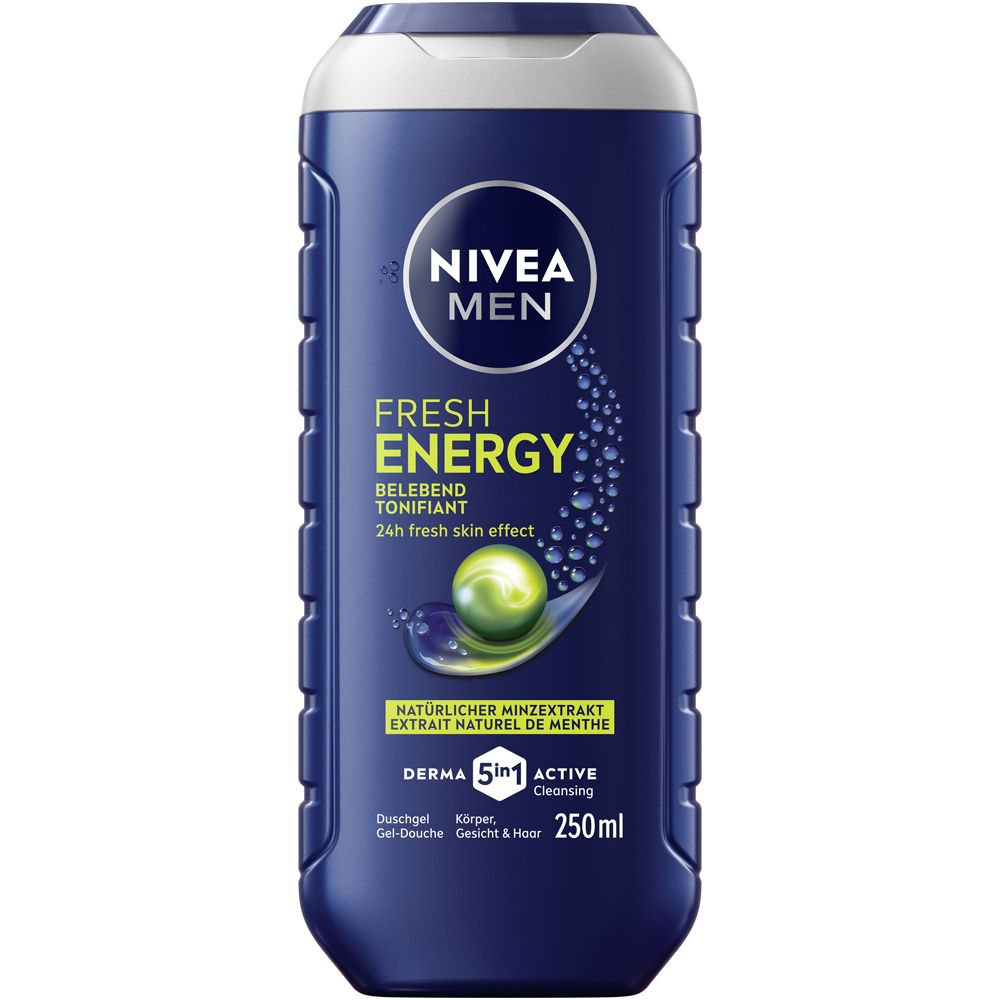 Dunkelblaue Nivea Men Fresh Energy 250ml Duschgel-Flasche mit weißem Verschluss. Zeigt "Fresh Energy" und "24h fresh skin effect".