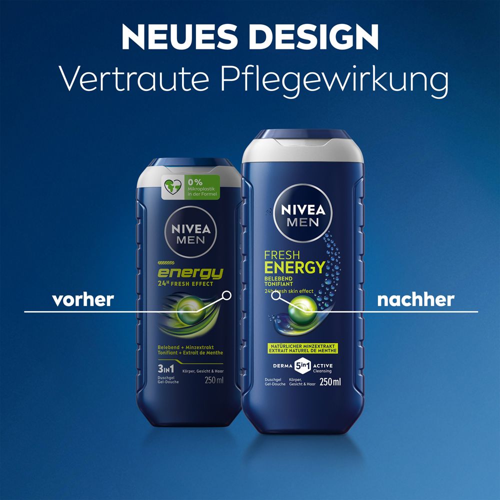 Zwei Nivea Men Energy Duschgelflaschen, links "vorher", rechts "nachher". Beide 250ml.