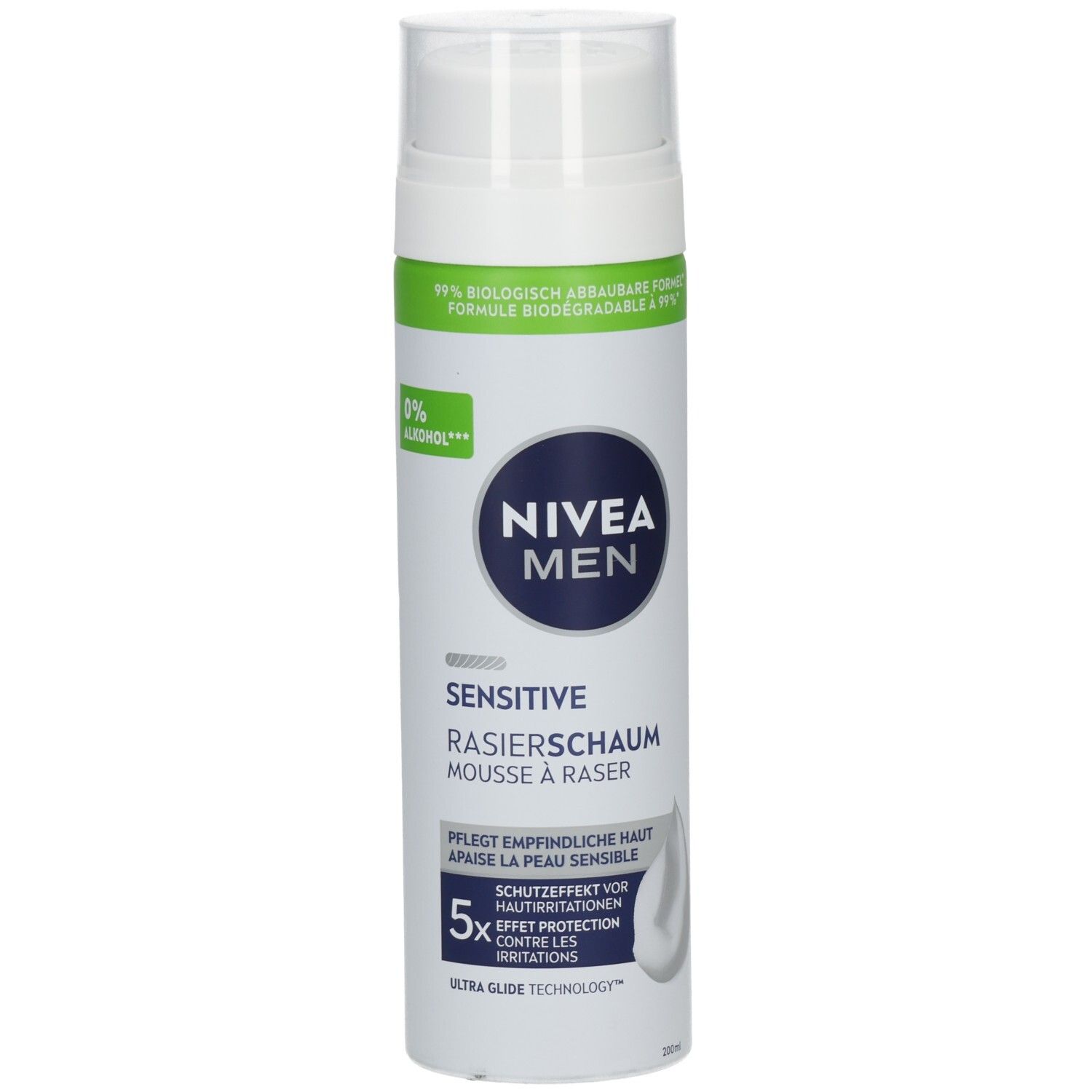 NIVEA MEN Sensitive Rasierschaum Dose mit weißem Pumpspender und blauer Kappe.