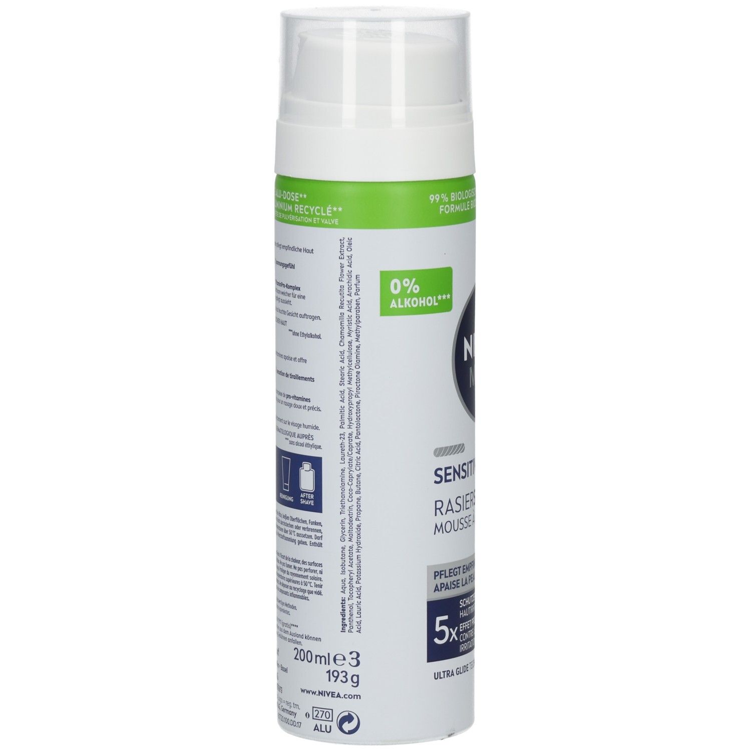 Rückseite einer NIVEA MEN Sensitive Rasierschaum Dose mit Produktinformationen.