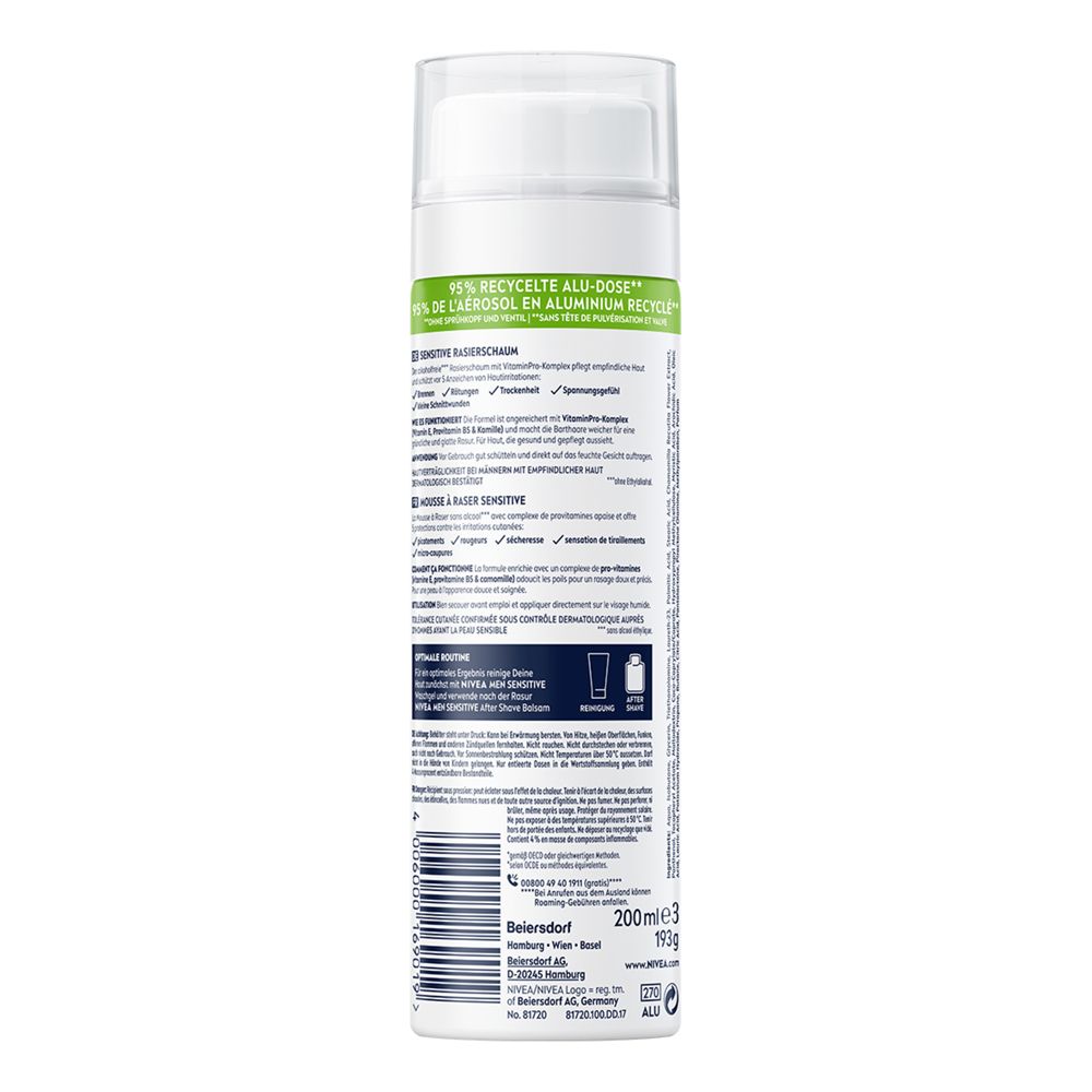 Rückseite einer NIVEA MEN Sensitive Rasierschaum Dose mit Produktinformationen und Barcode.