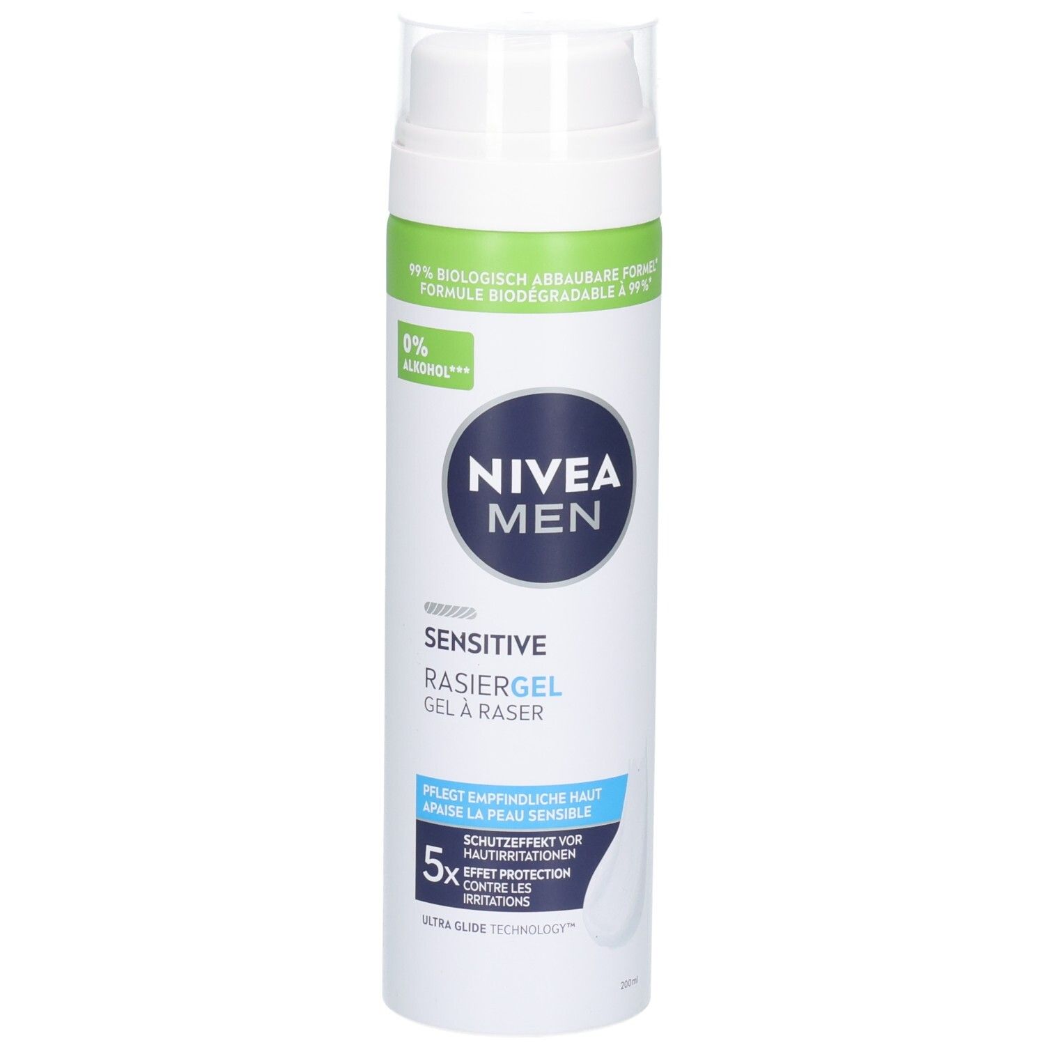 NIVEA MEN Sensitive Rasiergel mit 0% Alkohol. Bietet 5x Schutz vor Hautirritationen.