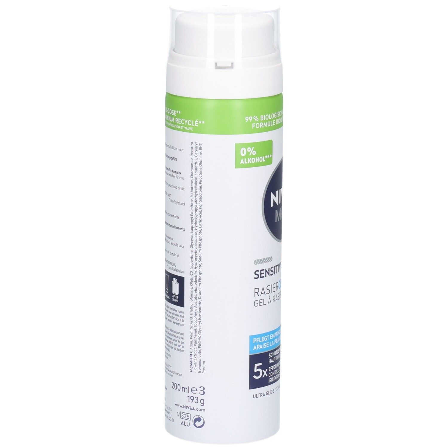 Rückseite von NIVEA MEN Sensitive Rasiergel. Enthält Informationen zu Inhaltsstoffen und Anwendung.
