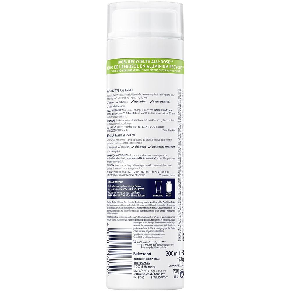 Rückseite von NIVEA MEN Sensitive Rasiergel. Enthält Informationen zu Inhaltsstoffen und Anwendung.