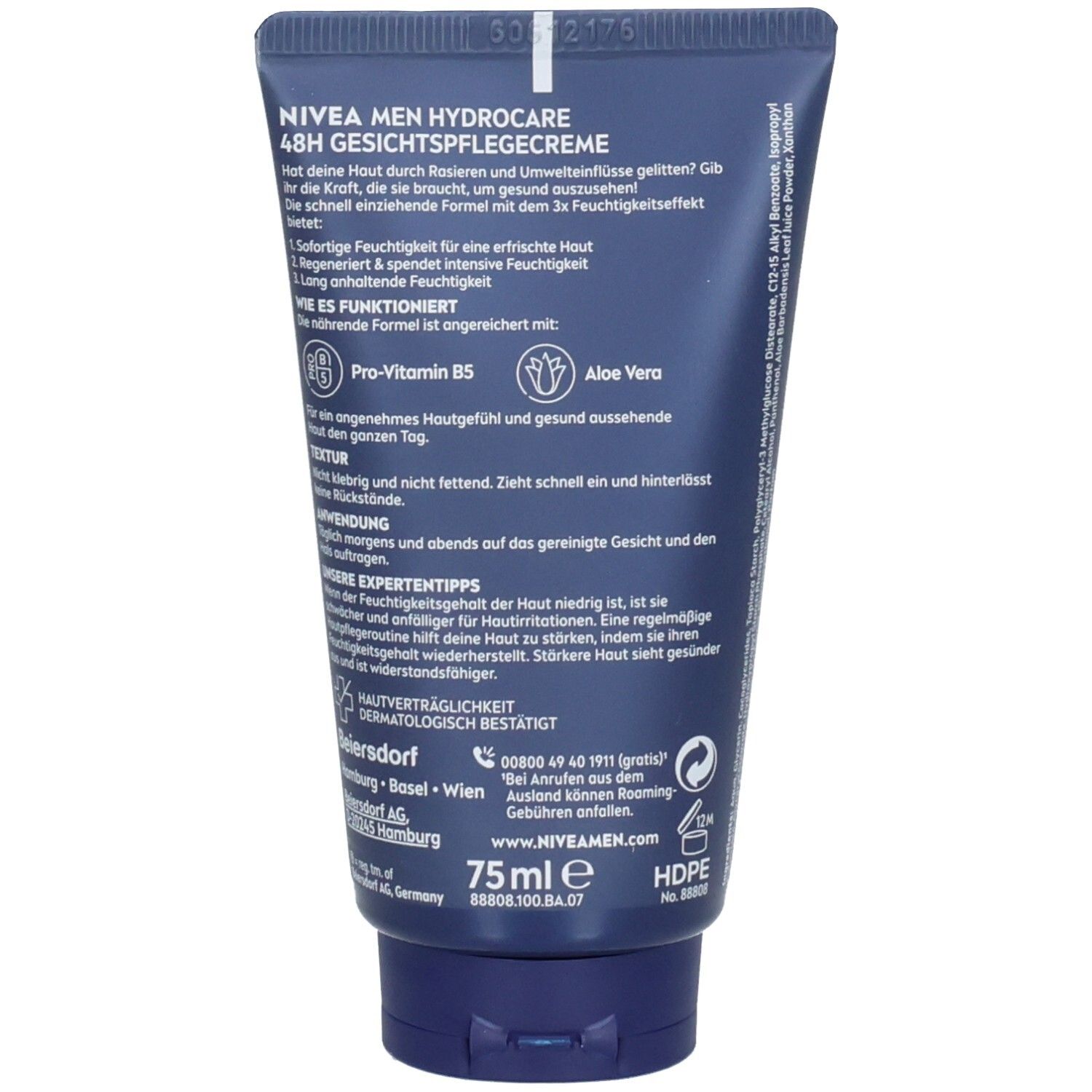Rückseite der NIVEA MEN HydroCare Creme Tube mit Inhaltsstoffen, Anwendung und Experten-Tipps.