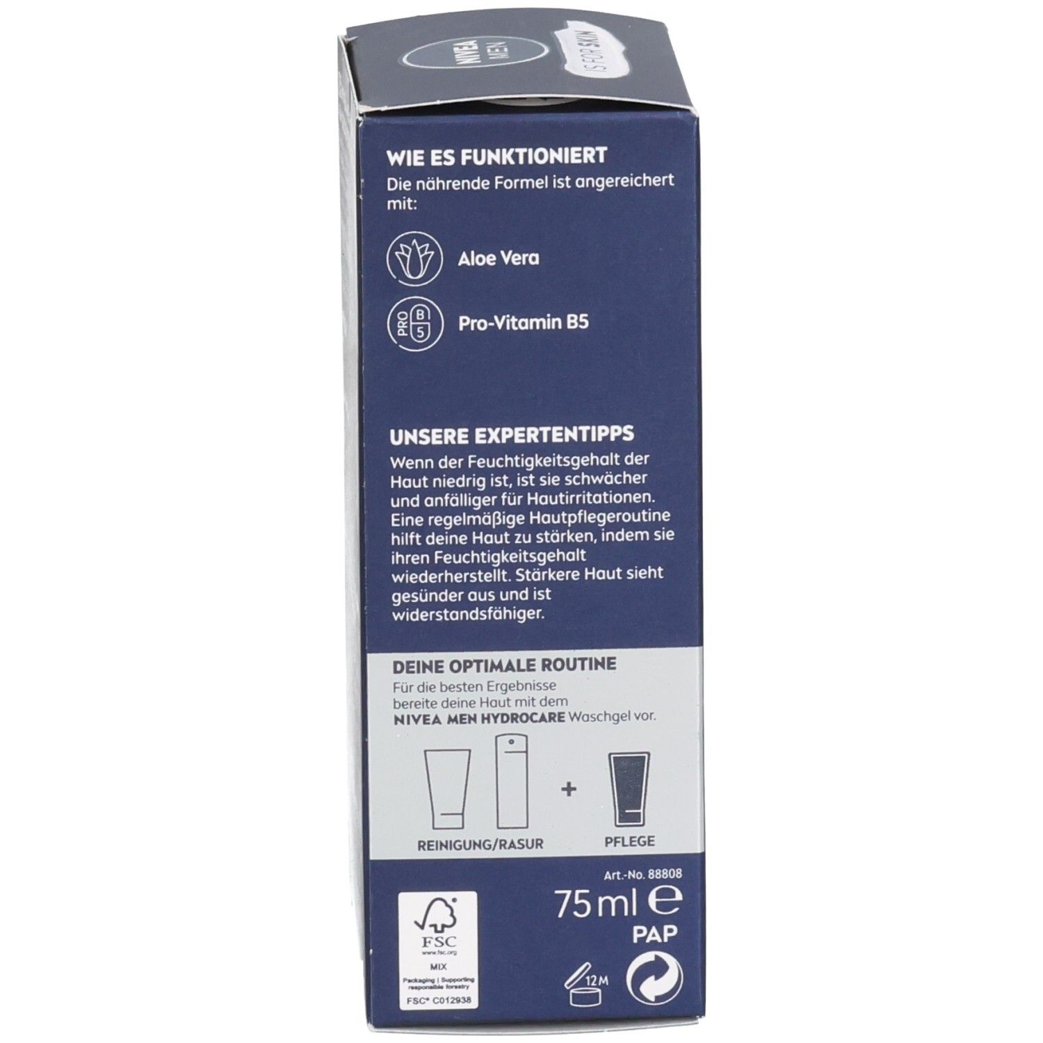 Rückseite der NIVEA MEN HydroCare Creme Verpackung mit Inhaltsstoffen und dermatologischer Bestätigung.