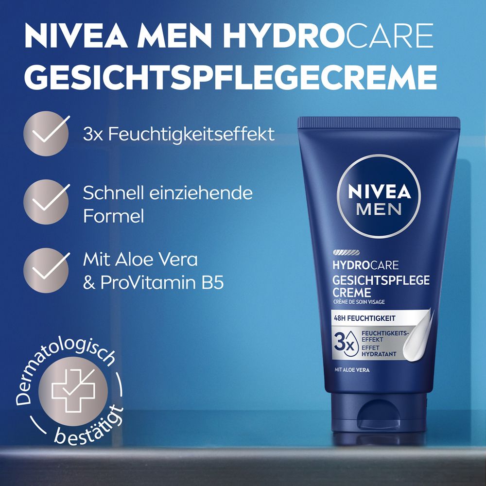 NIVEA MEN HydroCare Creme mit Icons für 3x Feuchtigkeitseffekt, schnell einziehende Formel und Aloe Vera.