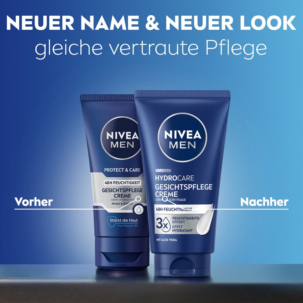 Vergleich von NIVEA MEN Protect & Care und HydroCare Gesichtscreme. Neuer Name & Look, gleiche Pflege.