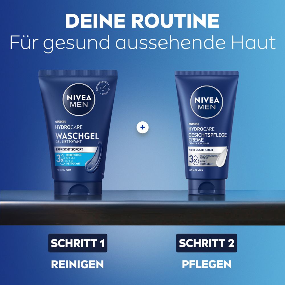 NIVEA MEN Routine: Schritt 1 Reinigung (Waschgel), Schritt 2 Pflege (HydroCare Creme).
