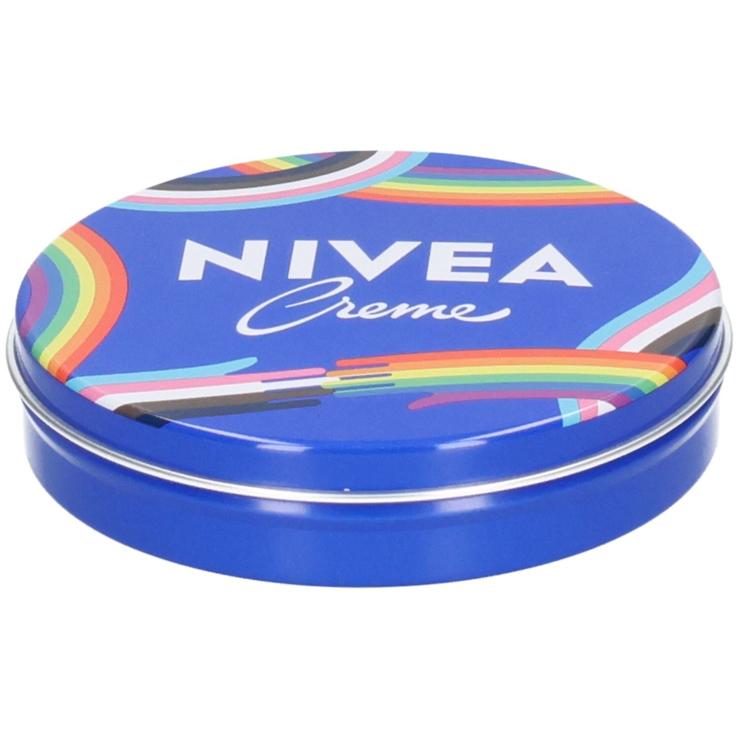 NIVEA Creme Dose mit Regenbogen-Design. Blaue Dose mit bunten Regenbogenbögen.