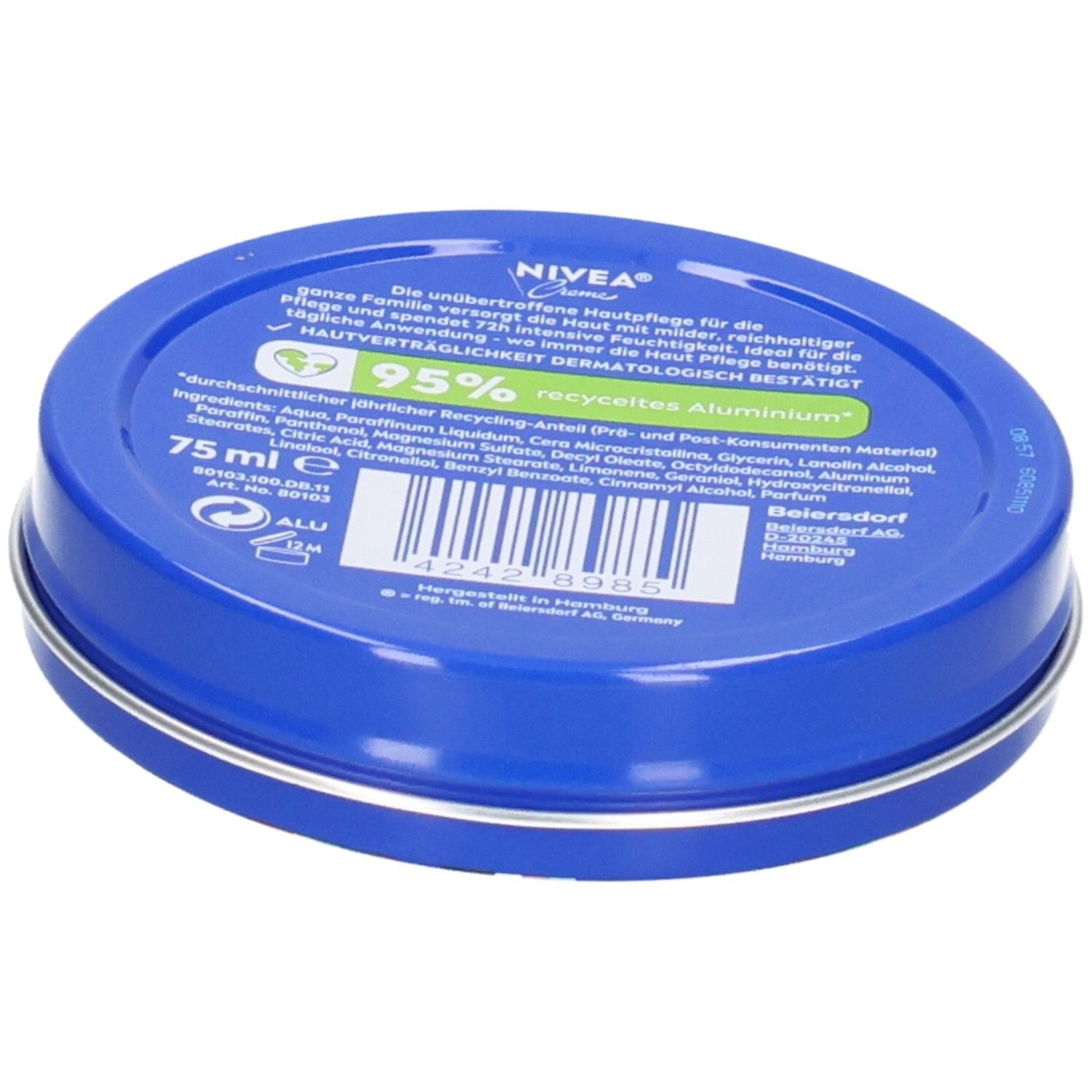 Rückseite einer NIVEA Creme Dose mit Regenbogen-Design. Enthält Produktinfos und Barcode. 75 ml.