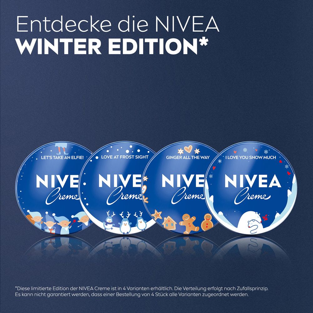 Vier limitierte NIVEA Creme Winter Edition Dosen nebeneinander. Verschiedene Wintermotive.