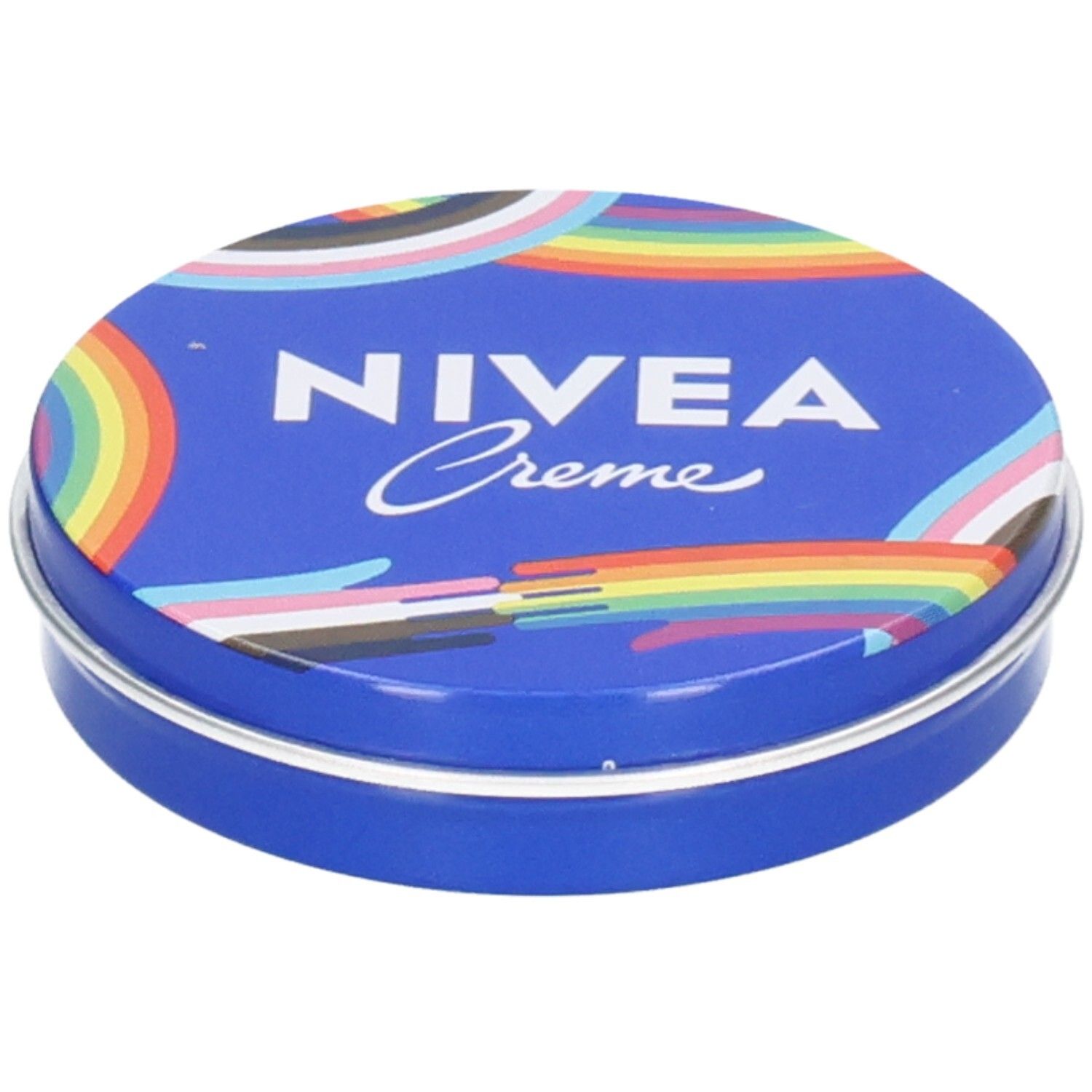 NIVEA Creme Dose mit Regenbogen-Design und "NIVEA Creme" Schriftzug.