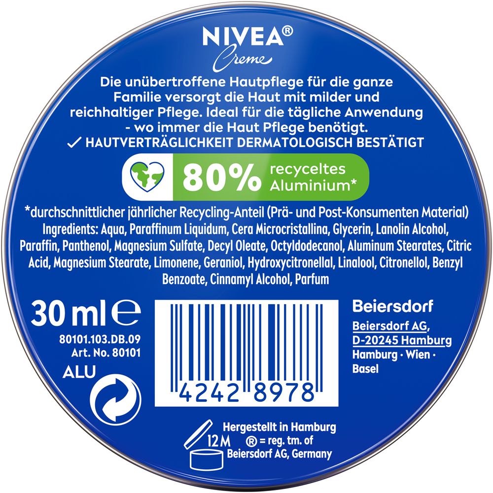 Rückseite einer NIVEA Creme Dose mit Produktinformationen, Inhaltsstoffen und 30ml Angabe.