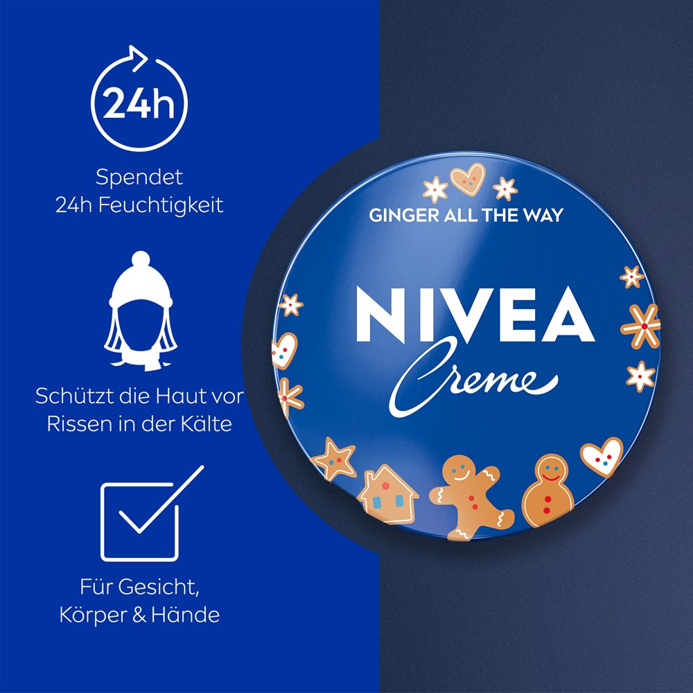 NIVEA Creme Dose mit Lebkuchen-Motiven und Icons für 24h Feuchtigkeit und Kälteschutz.