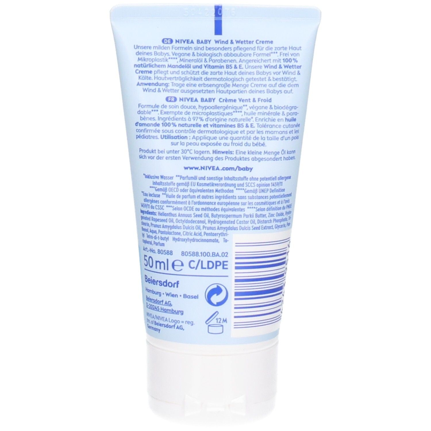 Nivea Baby Wind & Wetter Creme Tube, 50ml. Enthält Mandelöl und Vitamin E.
