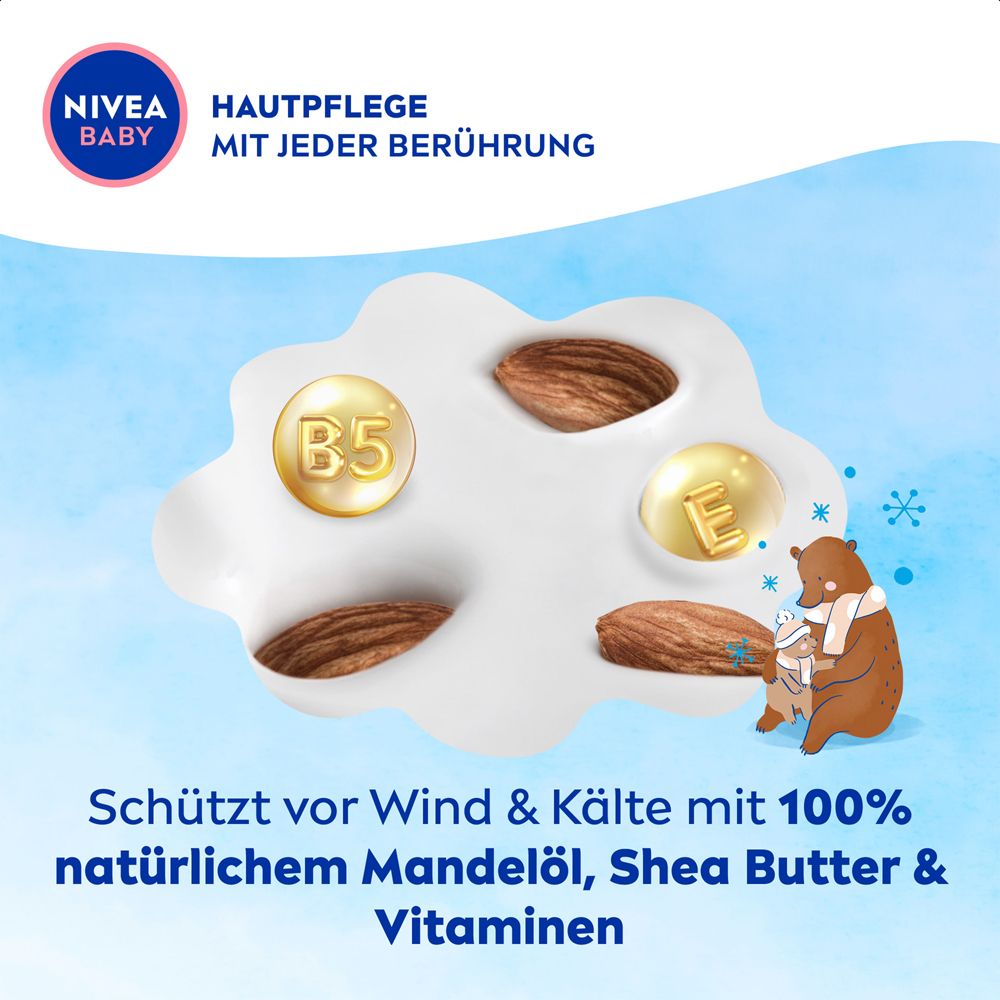 Nivea Baby Hautpflege mit B5 und E Vitaminen, Mandeln und Sheabutter.
