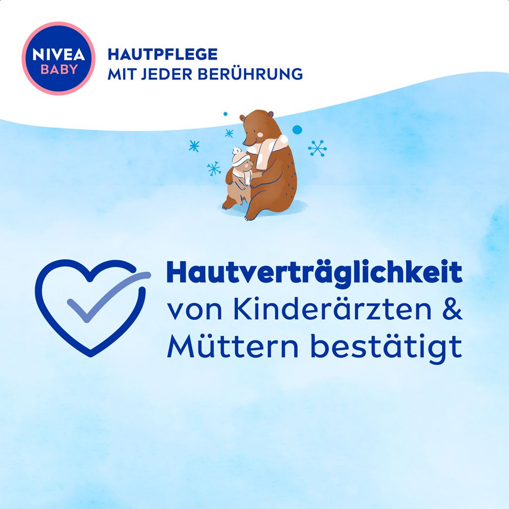 Nivea Baby Logo mit Bärenfamilie und Text 'Hautverträglichkeit von Kinderärzten & Müttern bestätigt'.