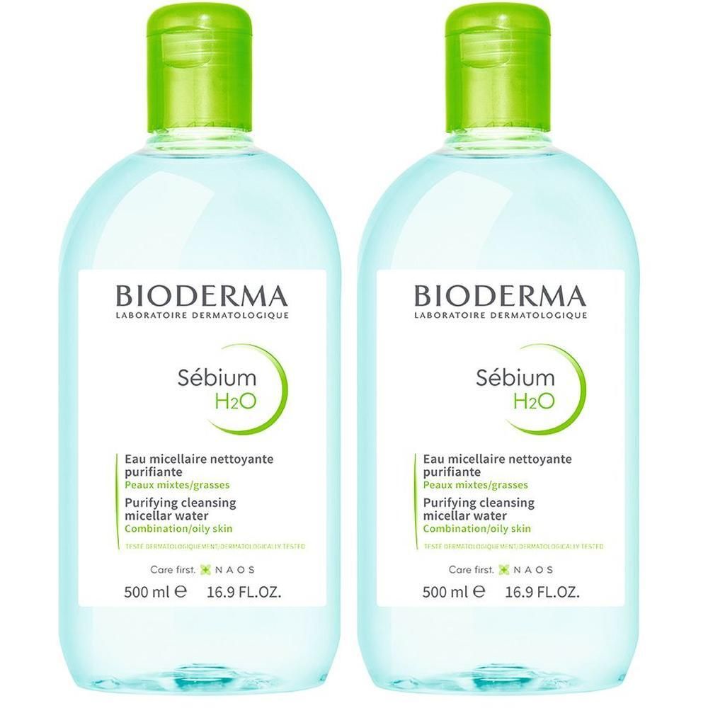 Zwei Flaschen BIODERMA Sébium H2O Mizellenwasser mit grünen Verschlüssen.