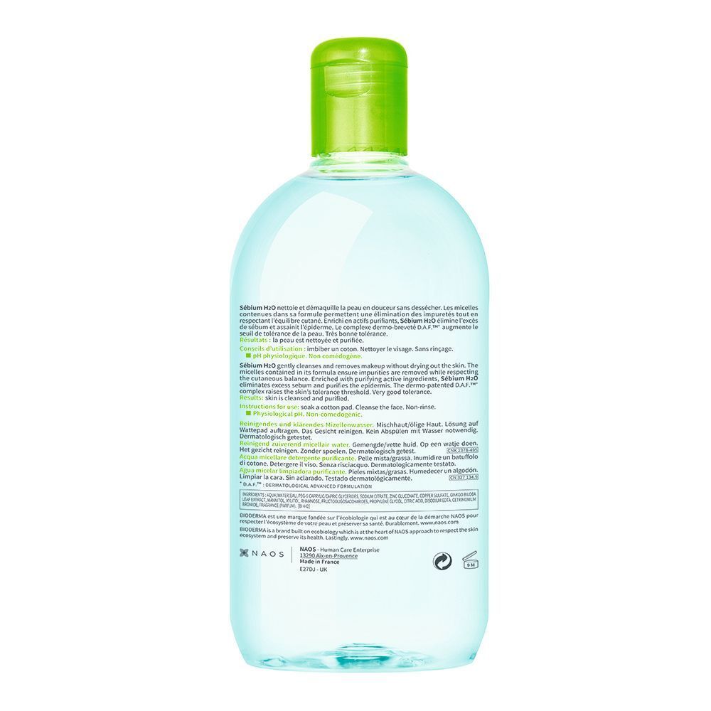 Rückseite einer Flasche BIODERMA Sébium H2O Mizellenwasser mit Produktinformationen.
