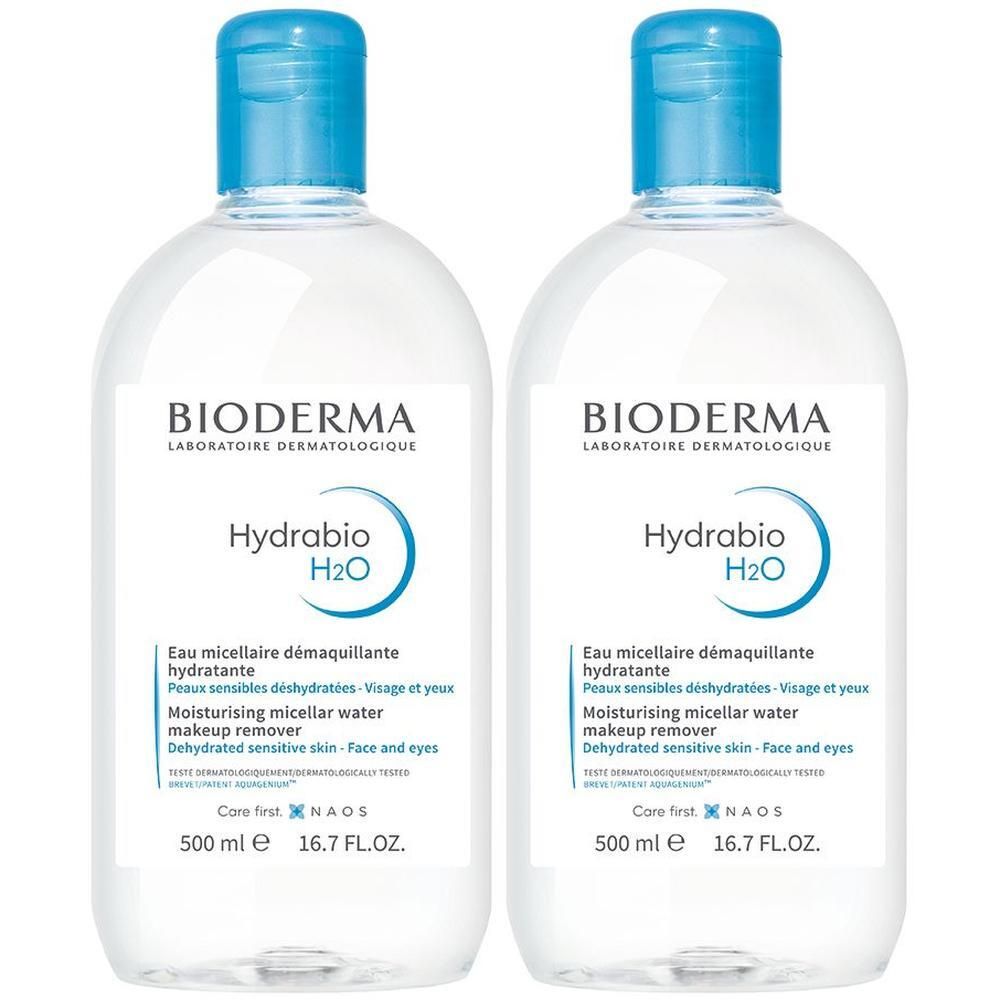 Zwei Flaschen BIODERMA Hydrabio H2O Mizellenwasser, 500 ml.