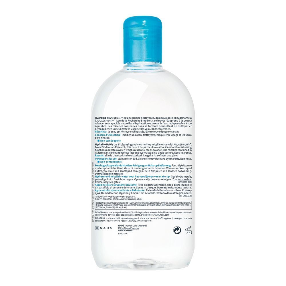 Rückseite einer Flasche BIODERMA Hydrabio H2O Mizellenwasser mit Anwendungshinweisen.