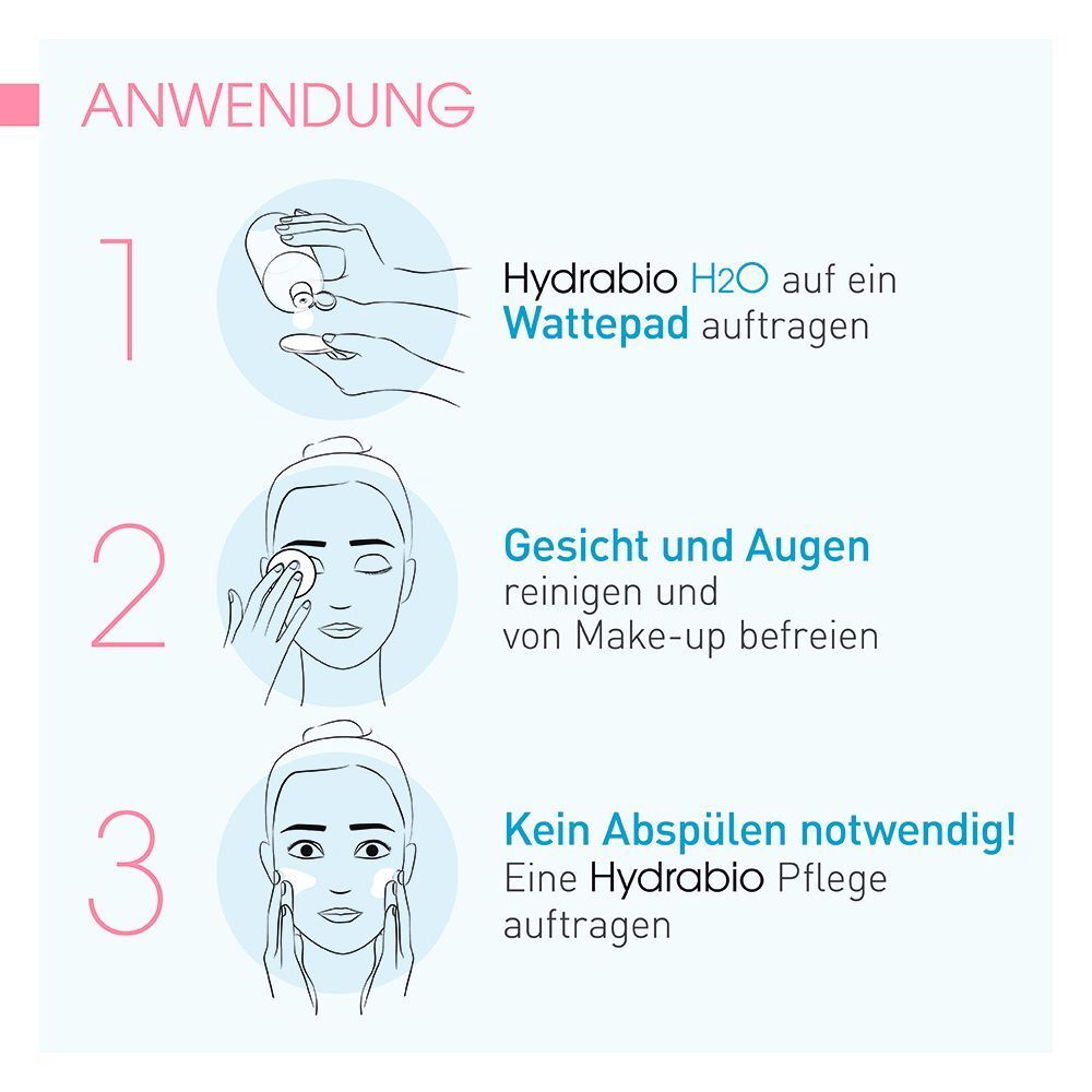 Anwendungsschritte für BIODERMA Hydrabio H2O: Wattepad vorbereiten, Gesicht reinigen, Pflege auftragen.