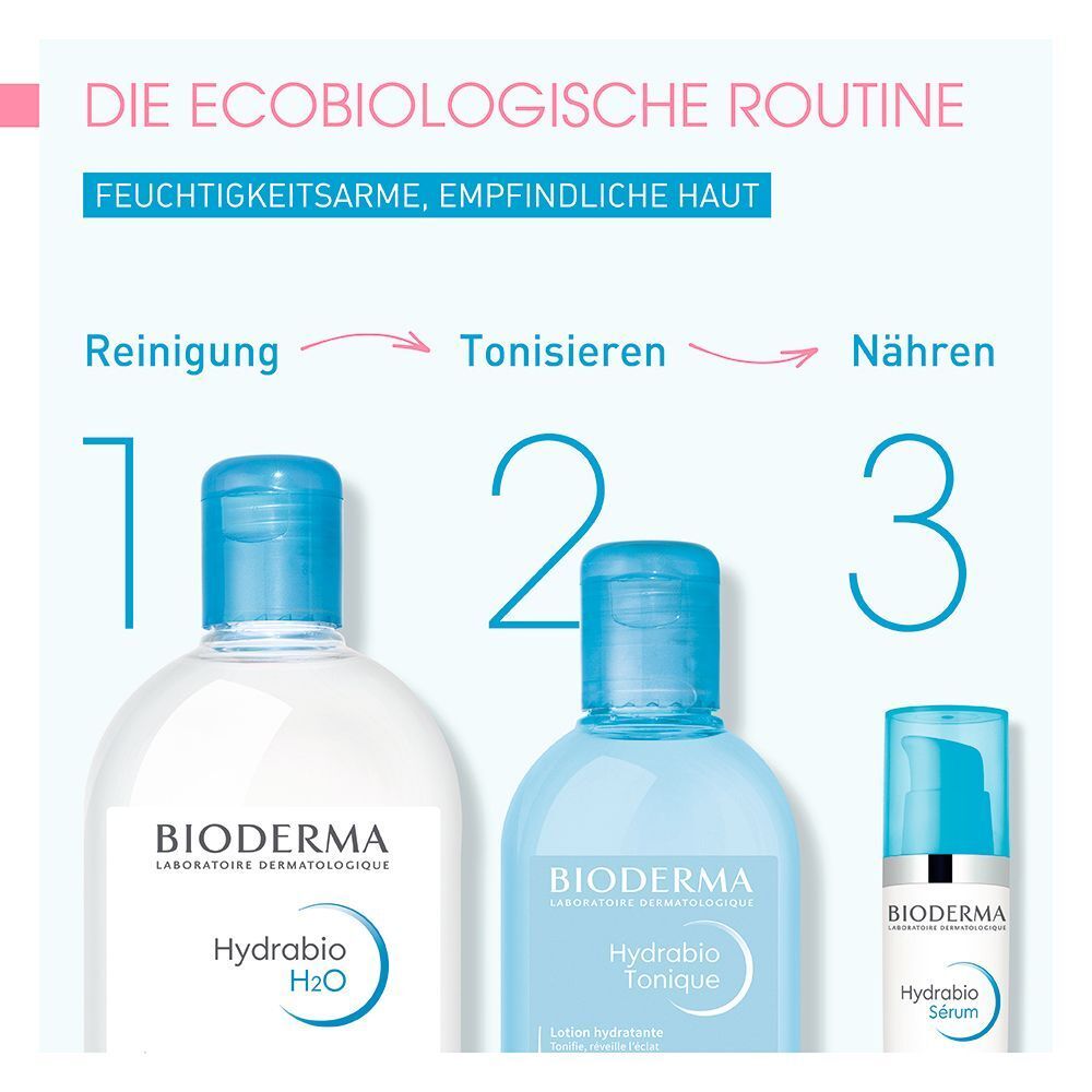 BIODERMA Ecobiologische Routine: Reinigung mit Hydrabio H2O, Tonisieren, Nähren mit Hydrabio Sérum.