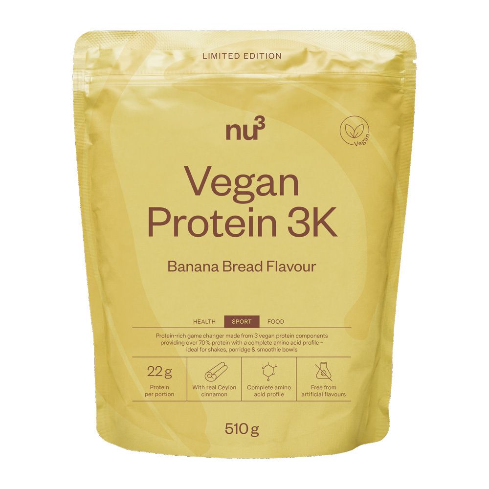 nu3 Vegan Protein 3K Bananenbrot Geschmack Beutel, 510g. Enthält 22g Protein pro Portion.