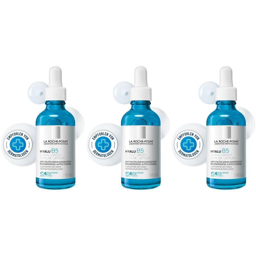 Drei Flaschen La Roche Posay Hyalu B5 Serum mit Pipettenverschluss, jeweils mit einem Dermatologen-Siegel.