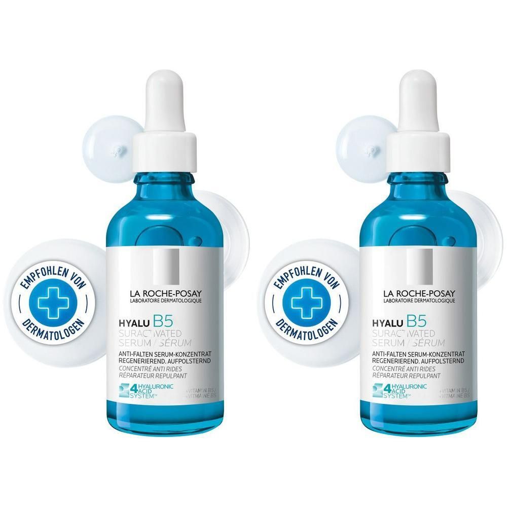 Zwei Flaschen La Roche Posay Hyalu B5 Serum mit Pipetten. Empfohlen von Dermatologen.