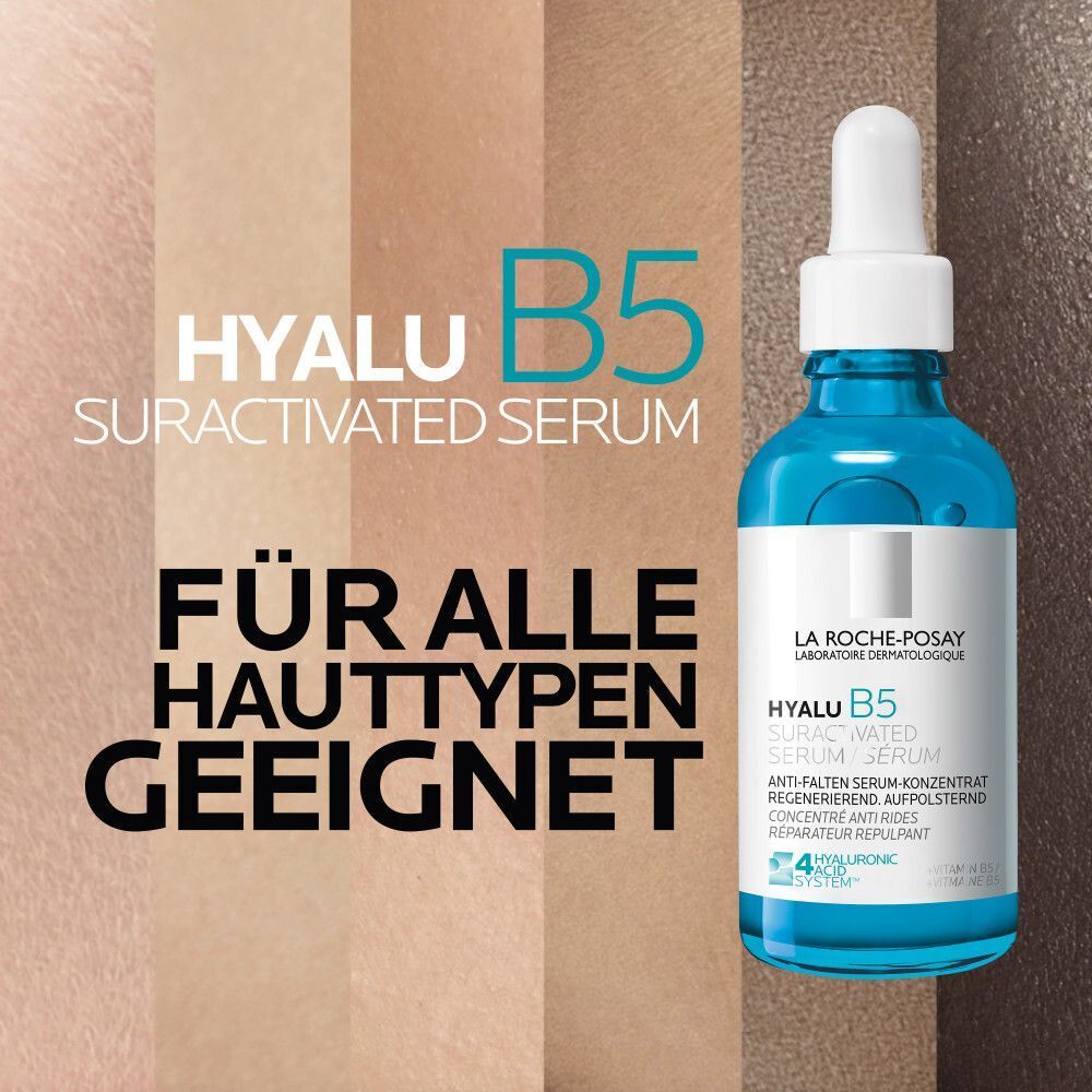 La Roche Posay Hyalu B5 Serum Flasche vor einem Hintergrund mit Hauttönen. Text: Für alle Hauttypen geeignet.