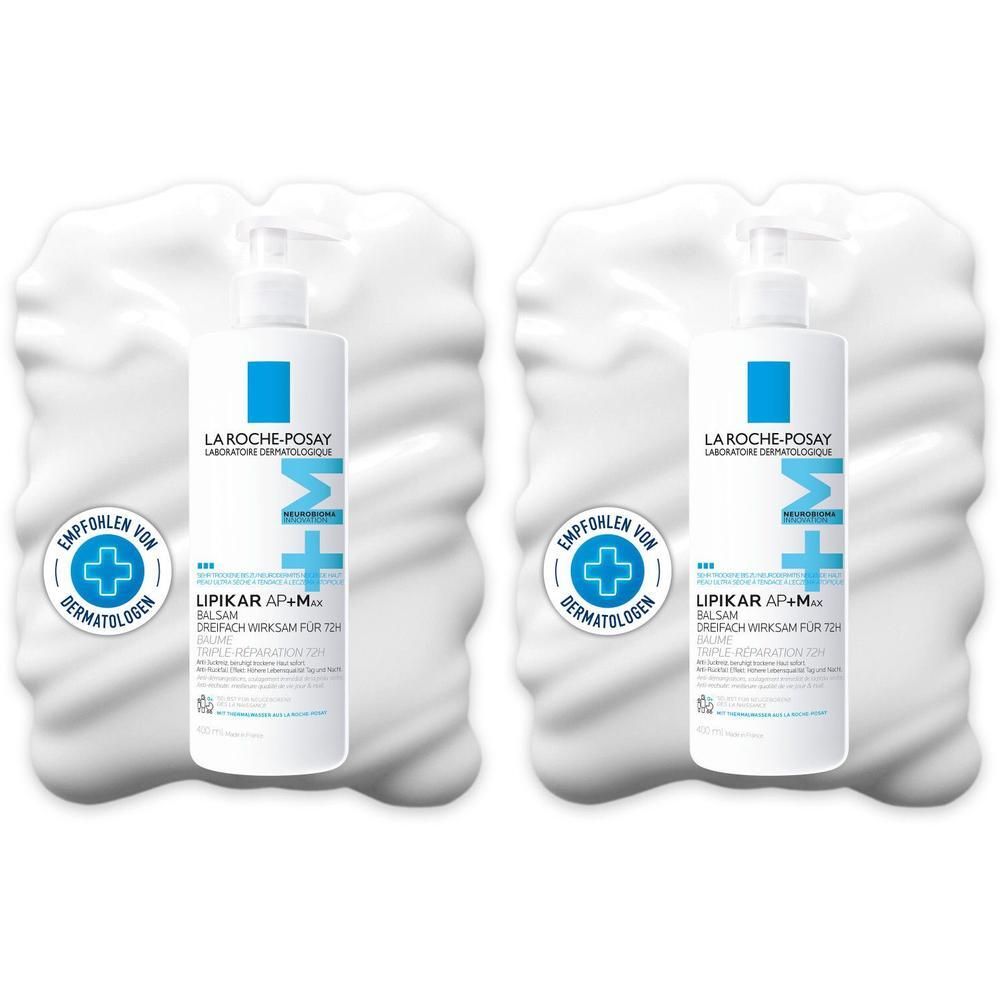 Zwei Pumpflaschen La Roche-Posay Lipikar Balsam AP+M, umgeben von weißem Schaum.