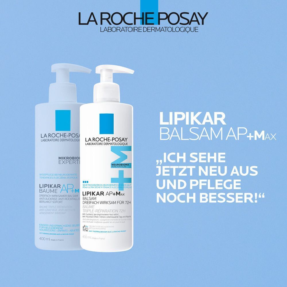 Zwei La Roche-Posay Lipikar Balsam AP+M Flaschen mit Pumpspender, neben Text.