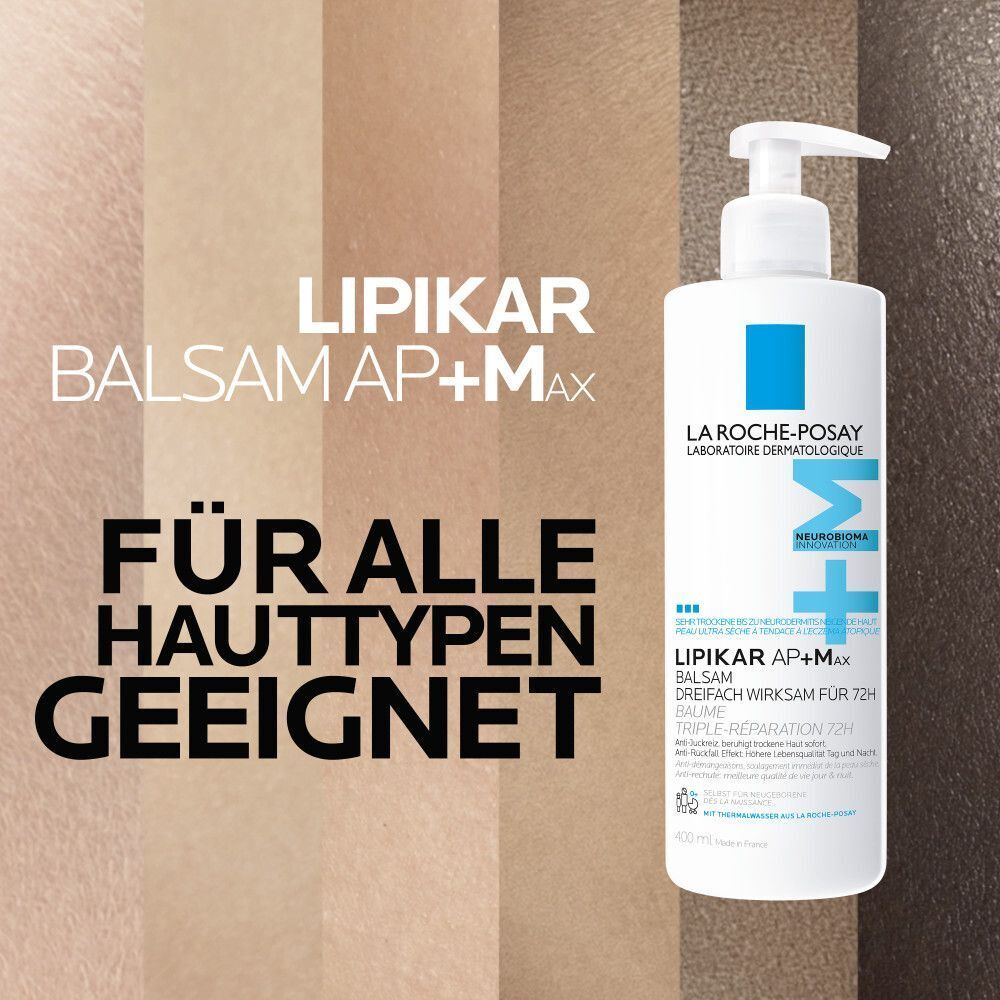 La Roche-Posay Lipikar Balsam AP+M Flasche vor einem Hintergrund mit Hauttönen.