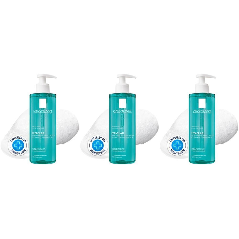Drei Flaschen La Roche Posay Effaclar Reinigungsgel mit Pumpspendern, daneben weiße Handtücher.