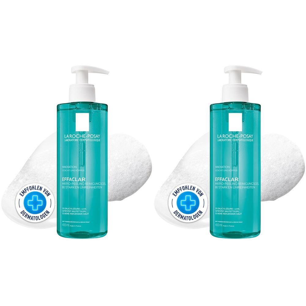 Zwei Flaschen La Roche Posay Effaclar Mikro-Peeling Reinigungsgel mit Pumpspendern, daneben weiße Schaumtextur.